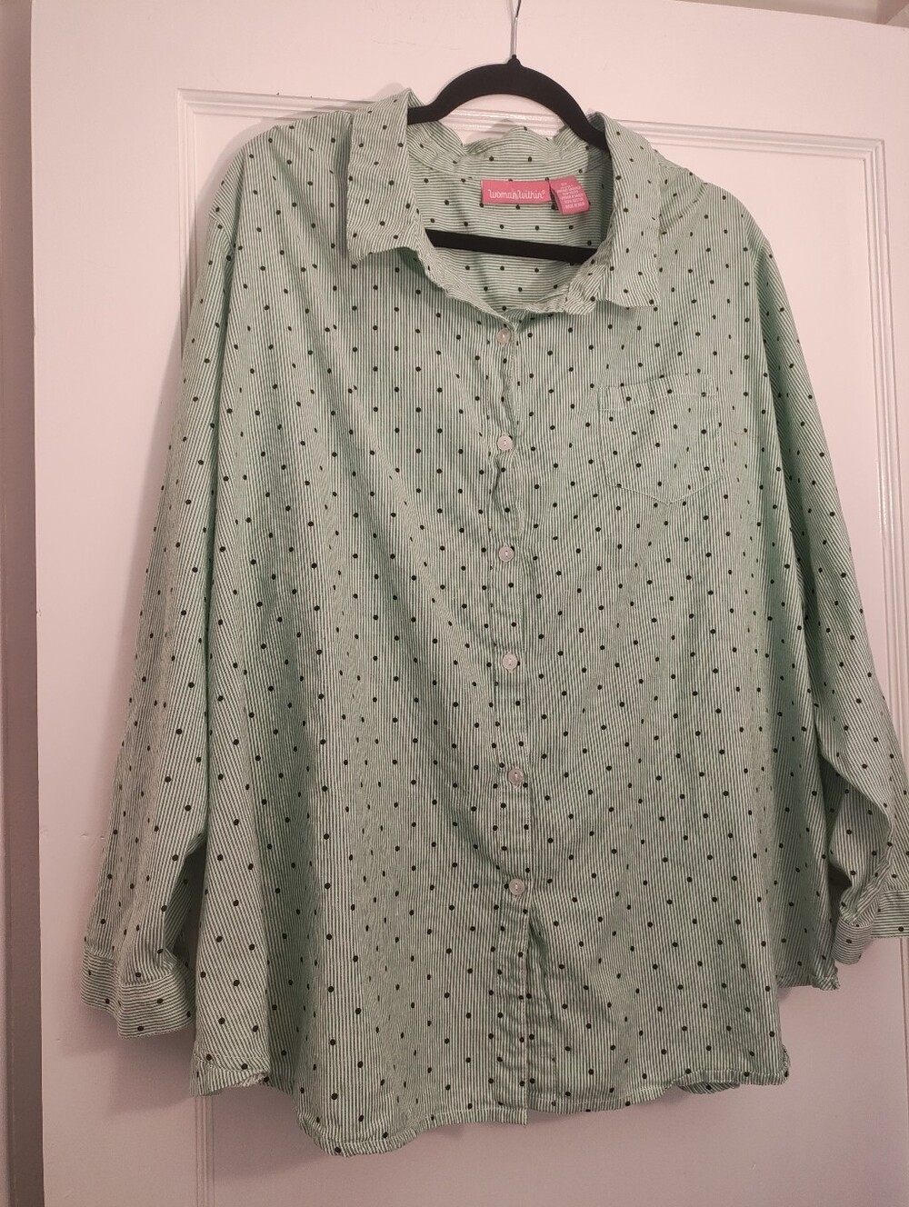 Woman Within 4X Green Stripe Polka Dot Button Down Shirt 100% Cotton Plus Size